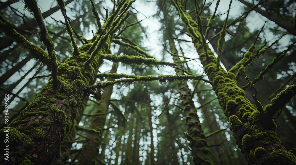 Naklejka premium Moss-Covered Canopy in Lush Forest Landscape Photographed in Cinematic Style