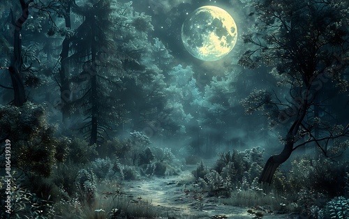 A secluded forest clearing, bathed in the ethereal light of a full moon © AhmadTriwahyuutomo