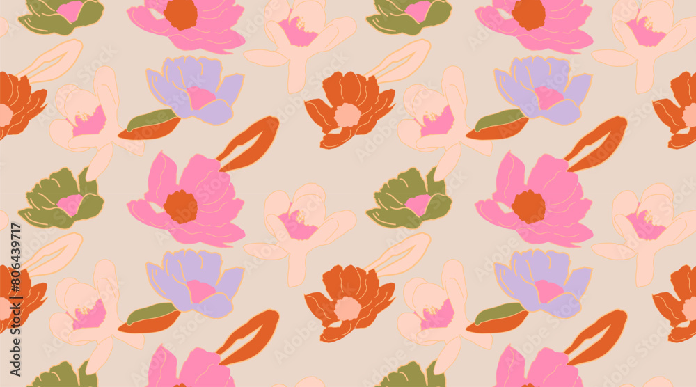 Fototapeta premium Bright abstract flowers feminine seamless pattern.