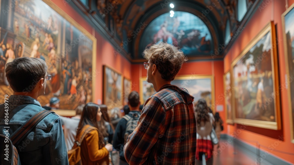 Friends on Guided Museum Tour Admiring Grand Masterpiece