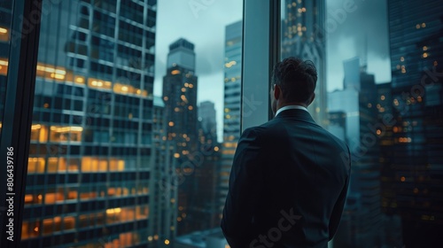 Close up of a businessman looking out of window, corporate leader reflecting, staring at city skyscrapers