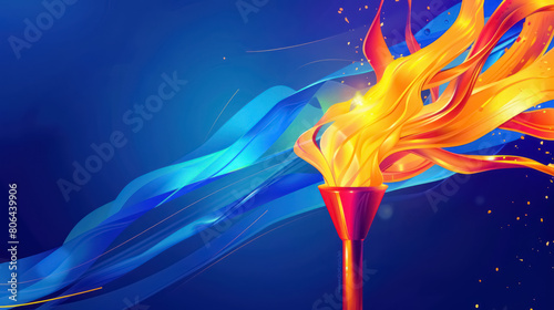 fiery olympic torch with dynamic blue waves on a dark background, with copy space for text photo