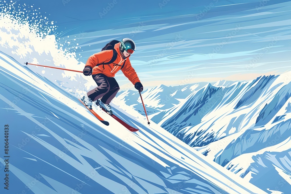 adventurous young skier conquering snowy mountain slopes winter action sports illustration