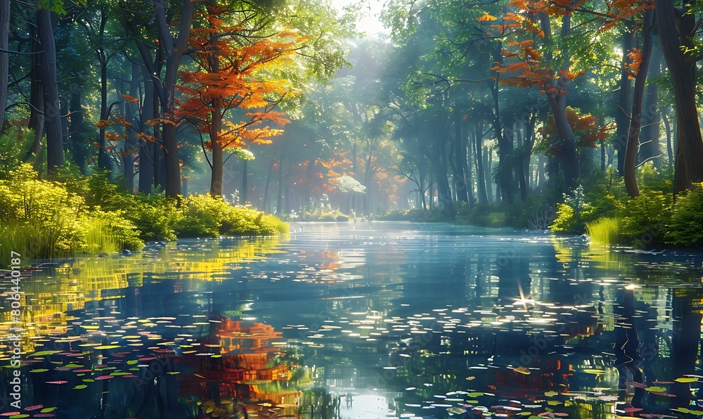 Obraz premium A serene forest pond, surrounded by vibrant foliage reflecting in its calm waters