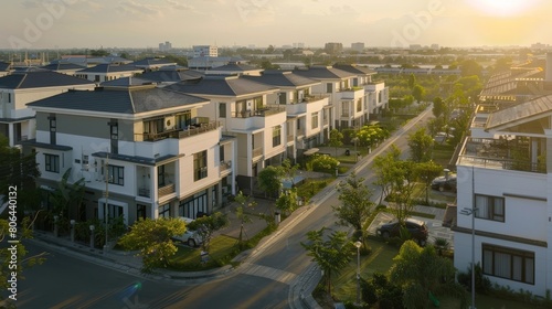 Sustainable and Cost-Friendly Townhome Community in Bangna with Inviting Outdoor Spaces and Modern Architectural Design at Sunset © kittipoj