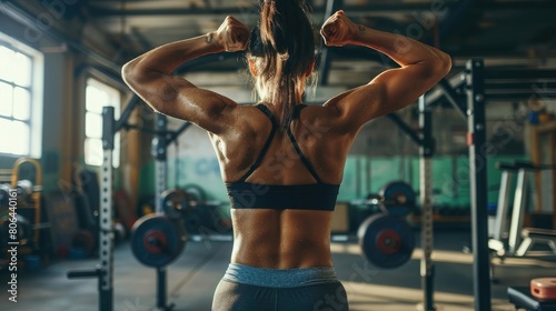 Close up of woman back with flexing her muscles in sweat on skin after workout