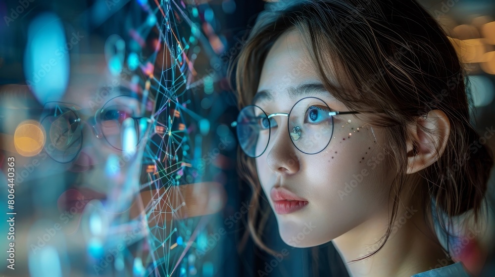 Thoughtful Woman in Luminous Atmosphere Exploring Digital Frontiers Thoughtful Woman in Luminous Atmosphere Exploring Digital Frontiers