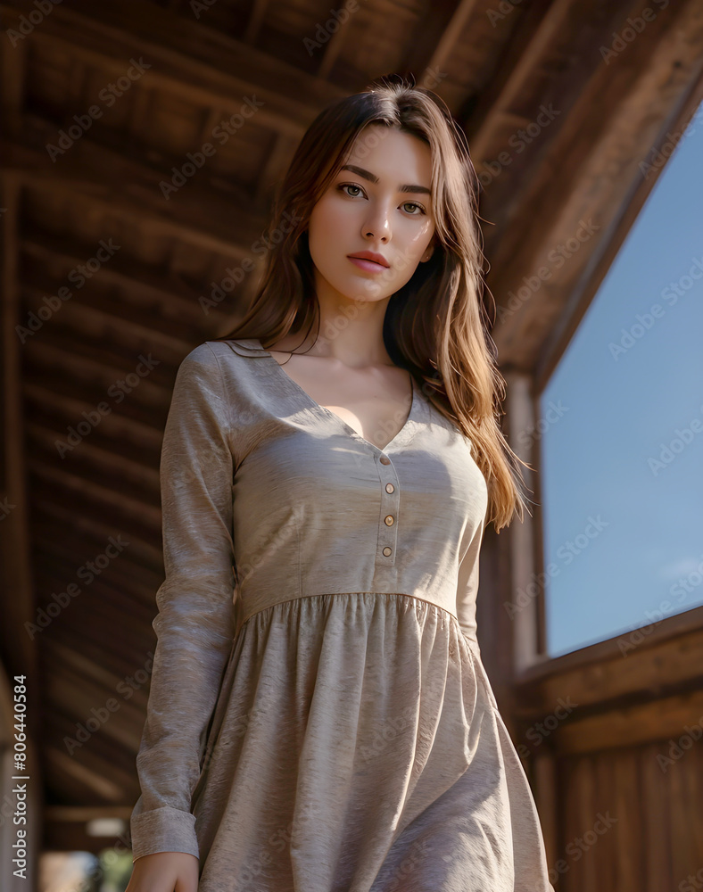 Sensual portrait of cute Asian girl in a dress walking on the porch of a house. Low angle portrait, people and lifestyle concept