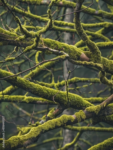 Verdant Woodland Tapestry:Mossy Tree Branches Swaying in the Breeze