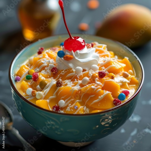 Vibrant and Creamy Mango Mastani Dessert with Whipped Cream and Colorful Toppings photo