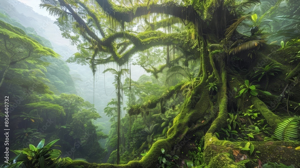 Fototapeta premium Vibrant Moss-Covered Tree in a Lush Tropical Rainforest Teeming with Life