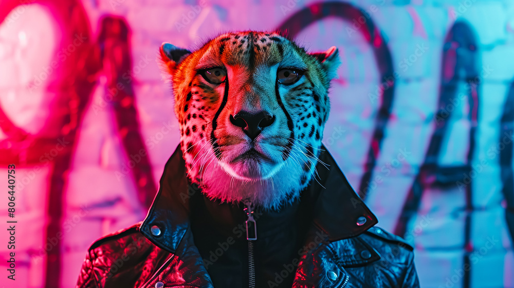 Sleek cheetah adorned with tribal tattoos, wearing a leather jacket
