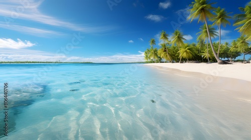 Panoramic view of a tropical beach with palm trees and blue sky © Michelle