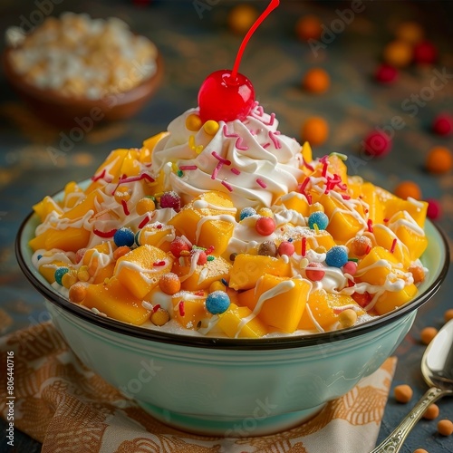 Vibrant Mango Mastani Dessert with Whipped Cream and Fruity Toppings photo