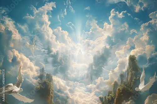 Paradise in Heaven: a unique concept central to religious teachings that depicts Kingdom of Heaven as a realm of eternal life and divine presence, bridging mortal existence and transcendent reality. photo