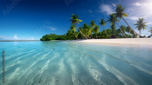 Panoramic view of tropical beach with palm trees and blue sky