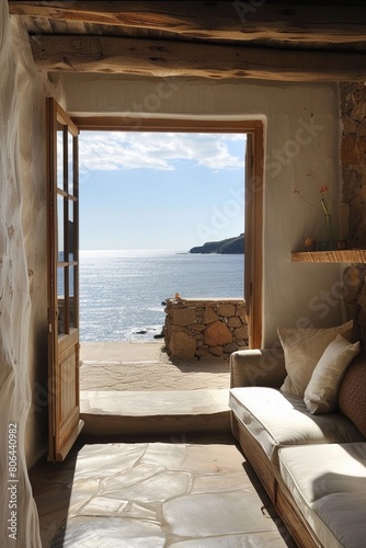 A serene view of a sea or lake and a rocky shore is framed by wooden beams and plaster walls. A comfortable area with pillows is the ideal place to unwind and enjoy the beautiful view.