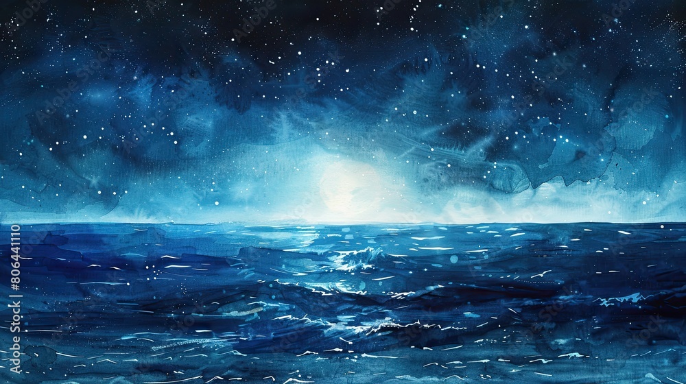 Naklejka premium Seeing through the stars: watercolour landscape of the starry sky, warm shades of colours immerse in the majesty of the universe and evoke a sense of awe at its mysterious beauty.