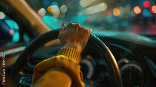 Close up of unrecognizable woman holding her hand on automatic gearshift while driving a car photo