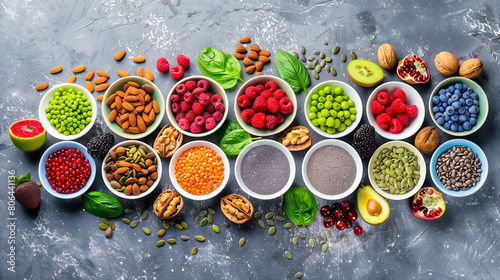 Superfoods Galore, A Colorful Array of Nuts, Seeds, Berries, and Greens Arranged in Bowls on a Textured Grey Background