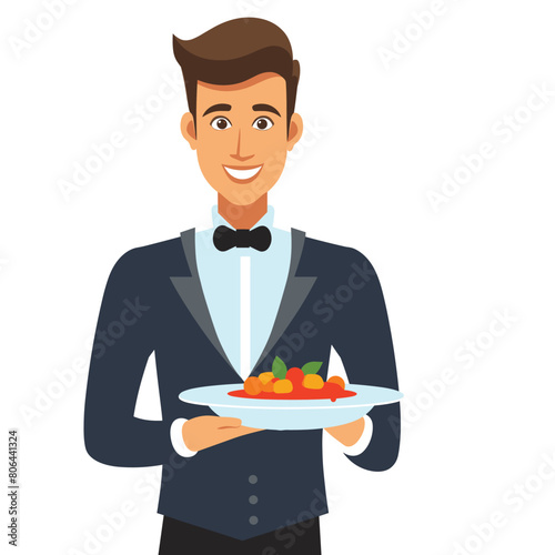 Waiter serving delicious salad, smiling male restaurant staff presenting dish. Smartly dressed Caucasian waiter offering fresh meal, hospitality professional work. Vest bow tie attire formal food