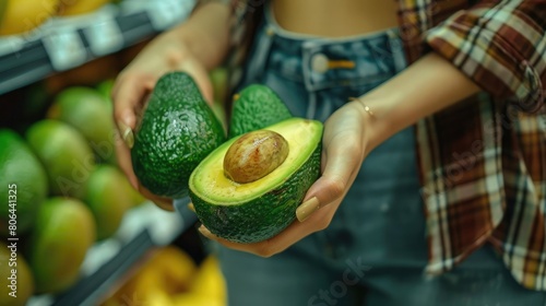 close up shot of womana??s hand holding avocado in grocery store photo