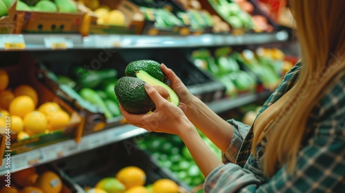 close up shot of womana??s hand holding avocado in grocery store photo
