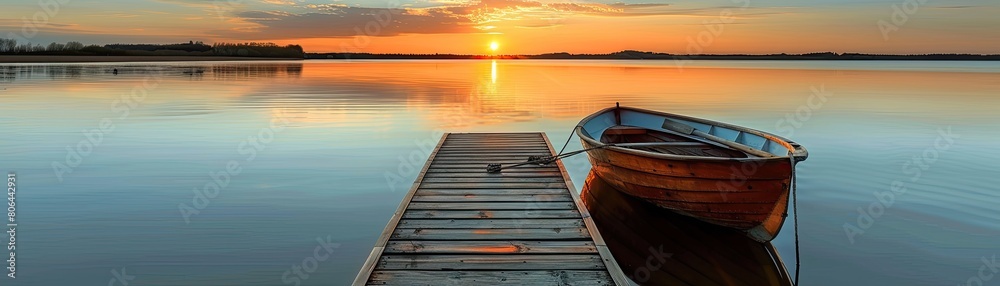 Fototapeta premium Serene sunset with a lone boat tied to a wooden dock on a calm lake