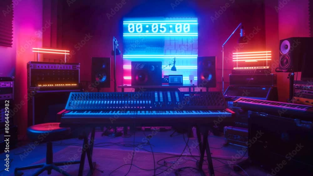 Animated background music studio with futuristic neon lighting, background music. looping time-lapse video