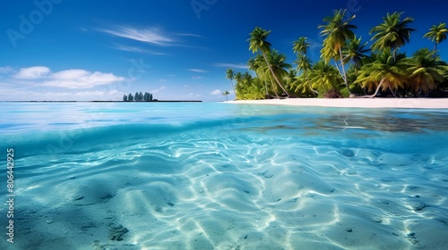 Tropical beach with palm trees and blue lagoon panorama