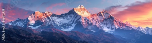 Snowy mountain peaks touched by fiery sunset light