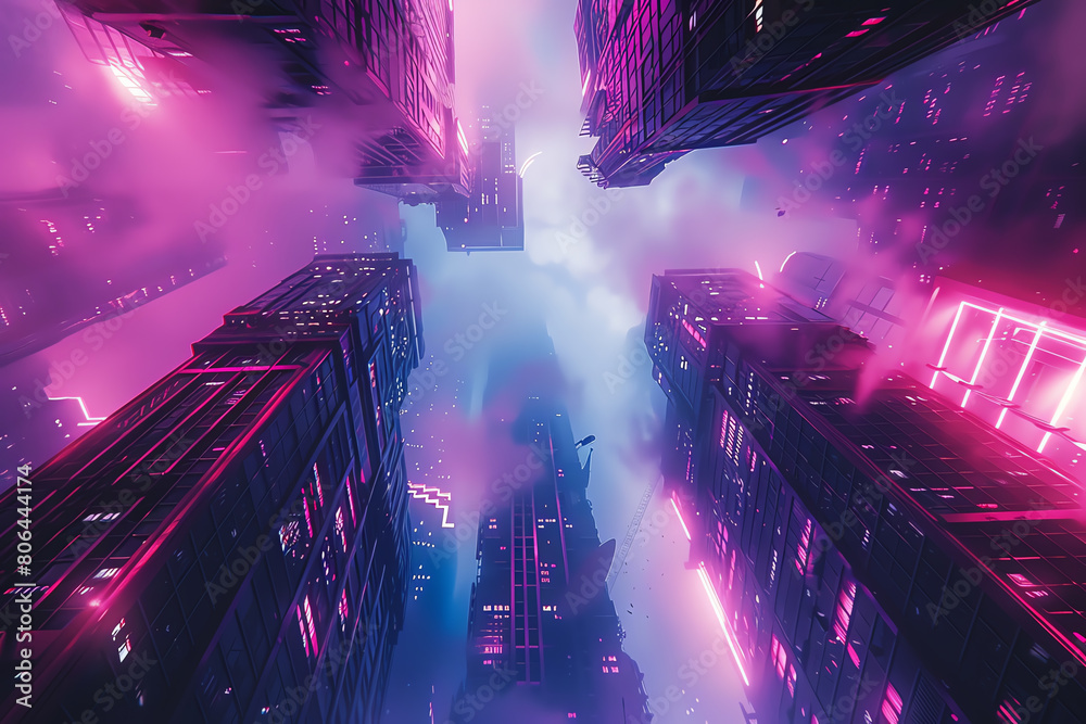 Explore the depths of a neon-lit metropolis with towering skyscrapers
