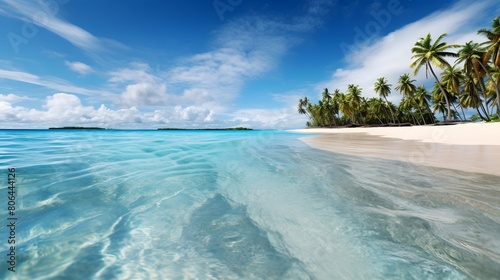 Panoramic view of a beautiful tropical beach with palm trees and turquoise water