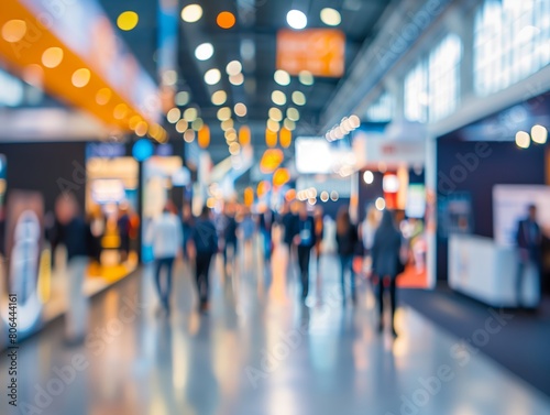 Exhibition expo event trade fair hall with busy bustling people walking to conferences  in a modern hall crowded  business people with a bokeh effect. Generative AI