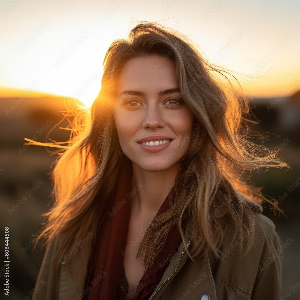 Smiling woman with windblown hair at sunset Smiling woman with windblown hair at sunset