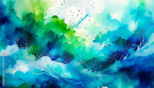 Abstract design of fluid shapes and dynamic swirls from vivid greens and deep blues to lighter aqua tones with white splashes and fine lines. photo