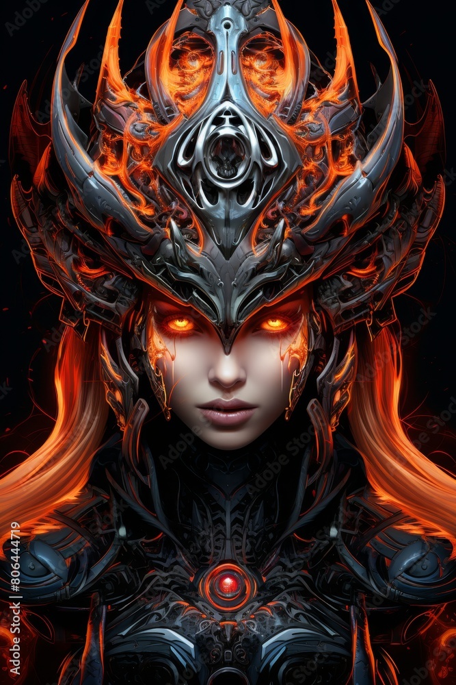 Futuristic fantasy warrior woman with fiery armor