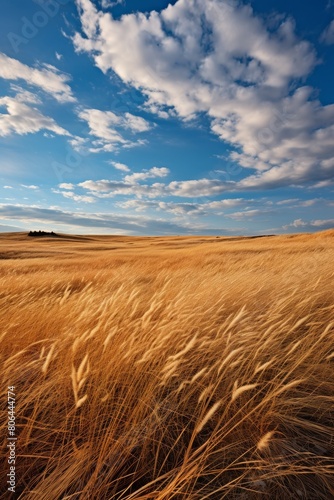 Vast golden wheat field under cloudy blue sky