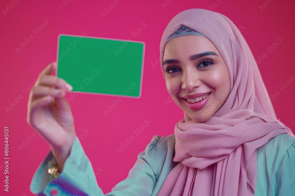 Muslim Woman in Hijab with Green Card, Fashionable Style on Pink Background Muslim Woman in Hijab with Green Card, Fashionable Style on Pink Background