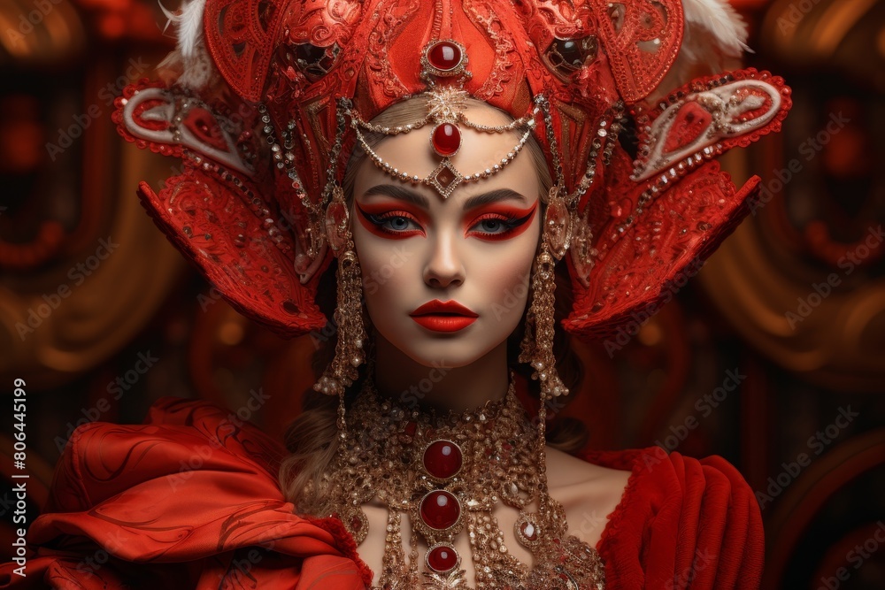 Ornate red and gold costume with dramatic makeup
