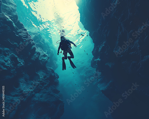Illustrate a minimalist diver exploring a deep, mysterious ocean trench Use subtle gradients and intricate details to evoke wonder and exploration photo