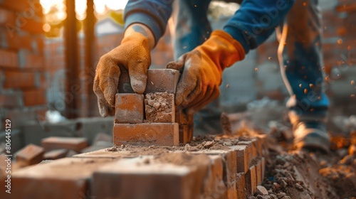 Closeup of industrial bricklayer laying bricks at construction site, Repair building and brickwork, aesthetic look