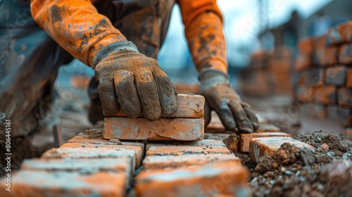 Closeup of industrial bricklayer laying bricks at construction site, Repair building and brickwork, aesthetic look