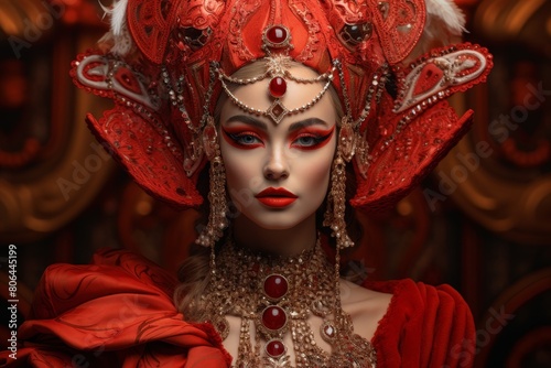 Ornate red and gold costume with dramatic makeup