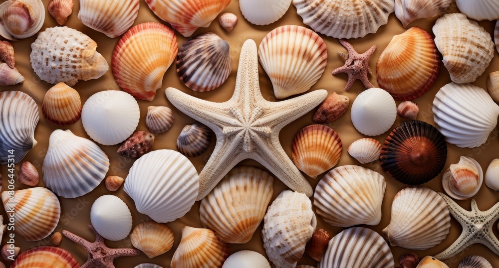 Assortment of seashells and starfish on sandy beach