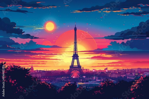 Futuristic Paris Skyline with Eiffel Tower at Sunset, Bold Colors and Stylish Cityscape