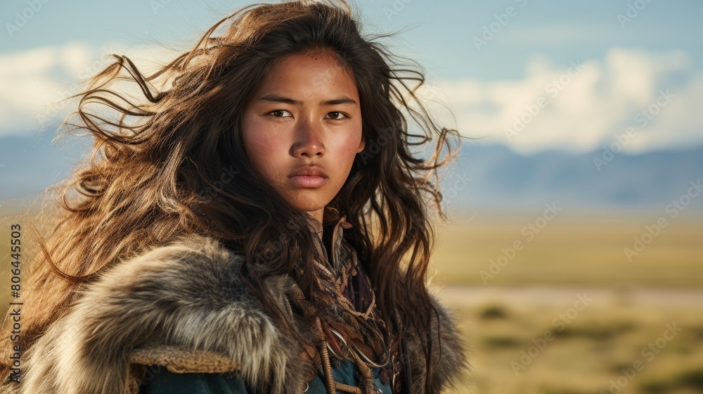 Fototapeta premium Captivating portrait of a young woman in a windswept landscape