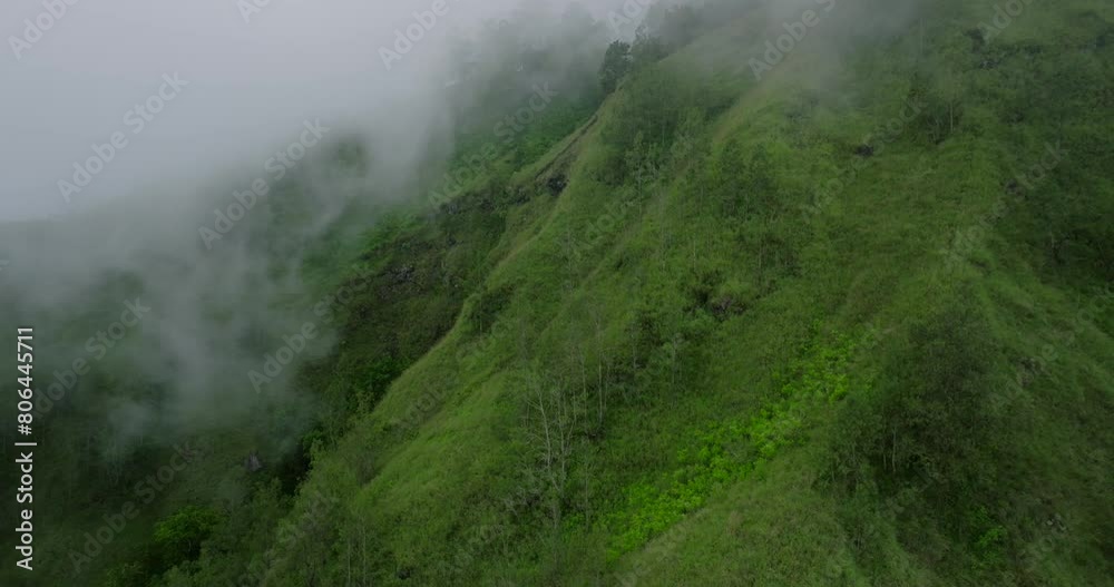 Mountain Trunyan in Bali. Hills shrouded in fog with trees peeking through Mountain Trunyan in Bali. Hills shrouded in fog with trees peeking through
