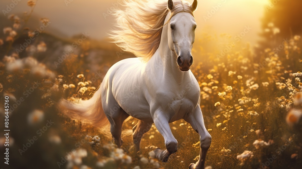 Majestic white horse galloping through a golden field Majestic white horse galloping through a golden field
