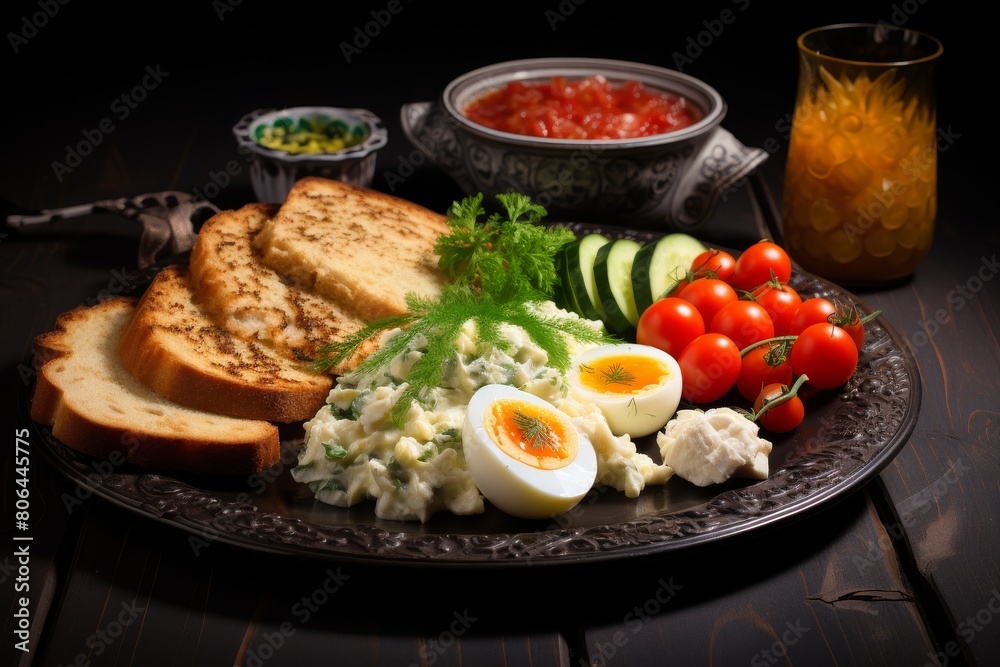 Delicious homemade breakfast with eggs, toast, and fresh vegetables